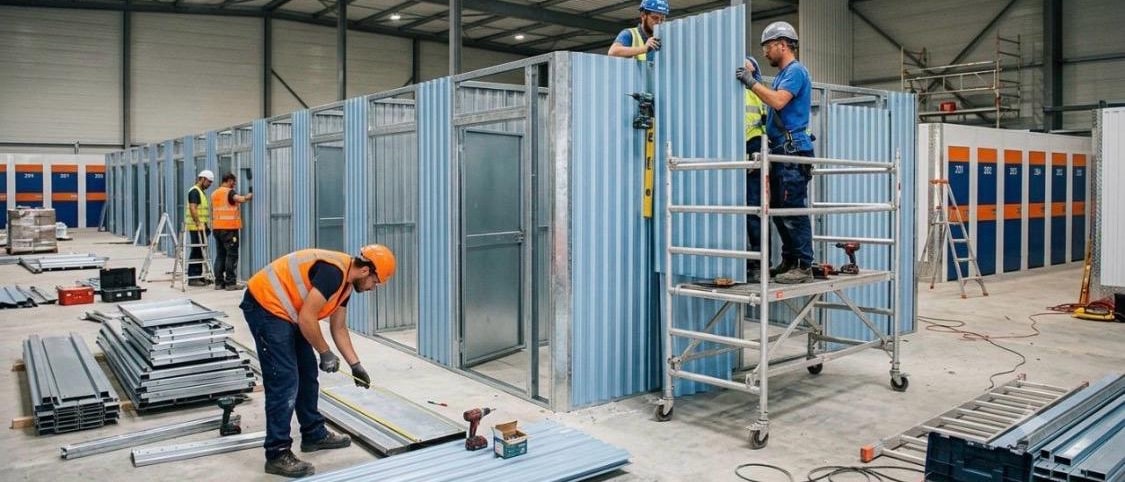 Chantier d'aménagement : pose de panneaux de cloison métalliques pour des boxes de self-stockage dans une halle, ouvriers sur échafaudage roulant, profilés empilés au premier plan